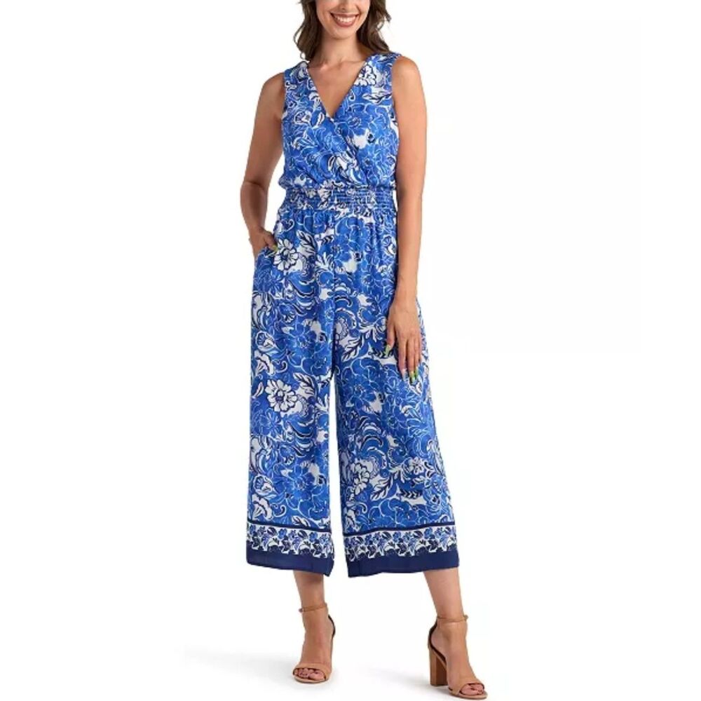 BCX Juniors' Blue Resort Print V-Neck Jumpsuit Size L NWT